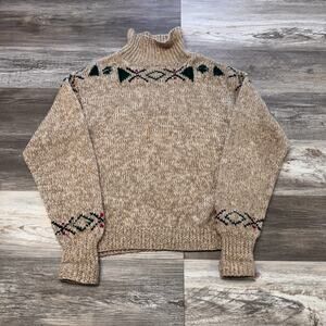 Vintage 90s Eddie Bauer Tan Green Red Mens‎ M Mock Knit Wool Sweater  Christmas